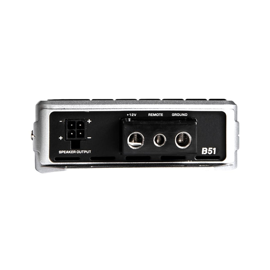 The Cerwin Vega Stealth Bomber Mono Digital Amplifier-B51 features a class D IR chipset, four-pin speaker output on the left, central ports labeled 