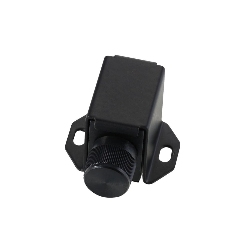 A black, rectangular Cerwin Vega Stealth Bomber Mono Digital Amplifier-B51 resembles an electronic component with a large circular knob and two flat, perforated mounting wings, set on a plain white background. Its smooth texture casts visible shadows beneath.