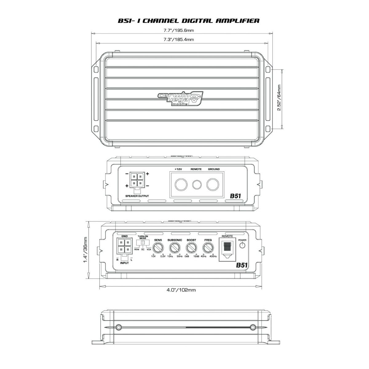 The technical diagram of Cerwin Vega's Stealth Bomber Mono Digital Amplifier-B51 showcases a class D IR chipset and high-efficiency full-range digital topology with dimensions 7.7