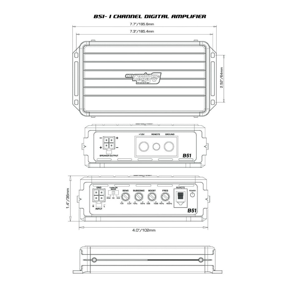 The technical diagram of Cerwin Vega's Stealth Bomber Mono Digital Amplifier-B51 showcases a class D IR chipset and high-efficiency full-range digital topology with dimensions 7.7