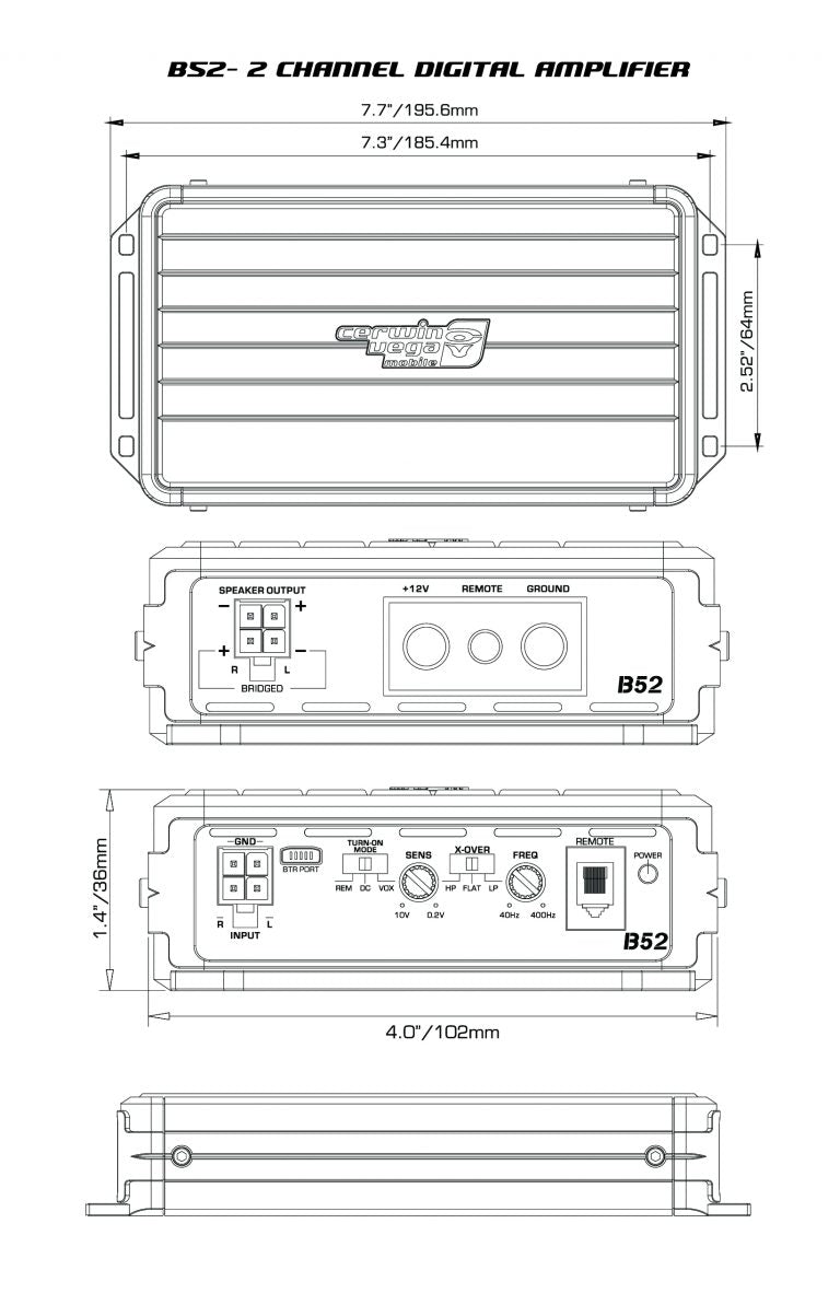 The diagram features the Stealth Bomber Class-D 2 Channel Digital Amplifier-B52, showcasing a top view with dimensions of 7.7