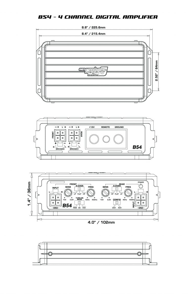 The technical diagram of the Cerwin Vega Stealth Bomber Class-D B54 features a top view (8.8 x 5.5 inches), a connection panel with switches and ports, and a 1.4-inch side view. This digital amplifier includes vents and clearly labeled connections for optimal use.