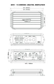 The technical diagram of the Cerwin Vega Stealth Bomber Class-D B54 features a top view (8.8 x 5.5 inches), a connection panel with switches and ports, and a 1.4-inch side view. This digital amplifier includes vents and clearly labeled connections for optimal use.
