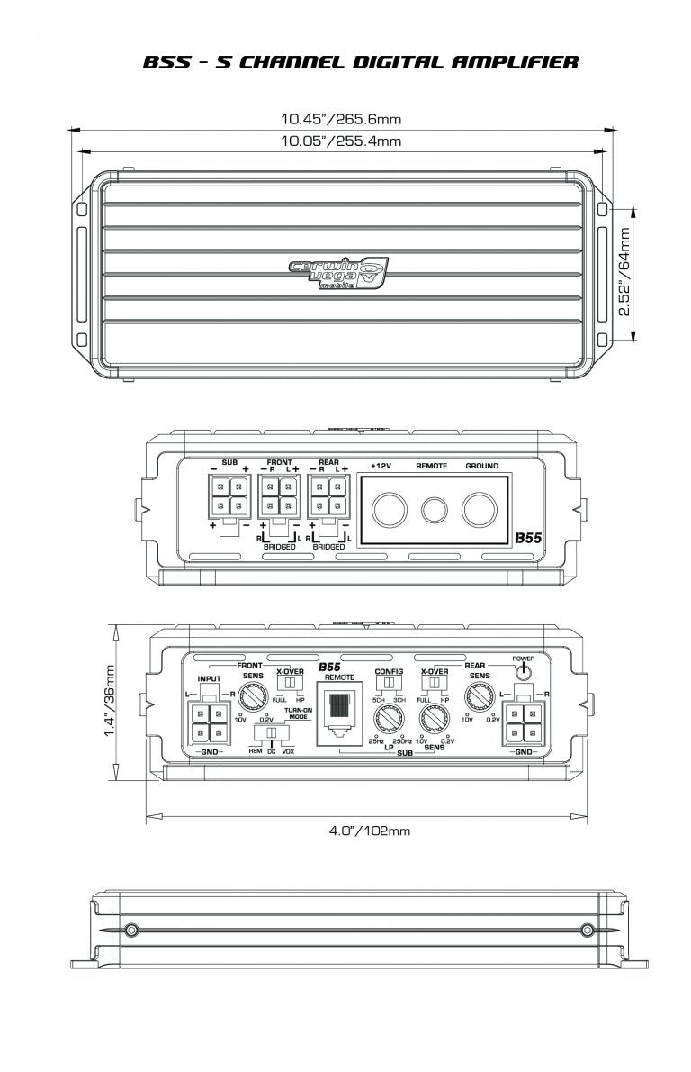 The Stealth Bomber Class-D 5 Channel Digital Amplifier-B55 features a top view with dimensions of 10.45