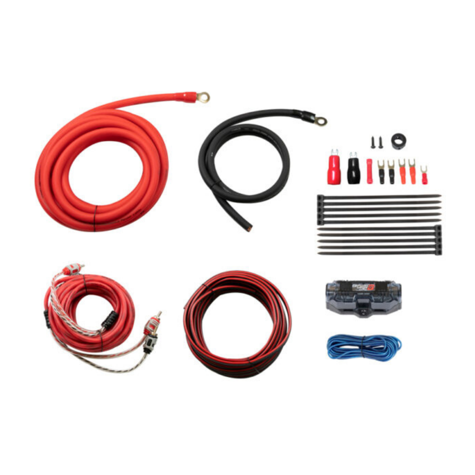 The Amp Kits include red and black coiled cables, various connectors, cable ties, and a compact black device with red, blue, and silver terminals. These components are arranged on a white background for automotive or audio wiring solutions.