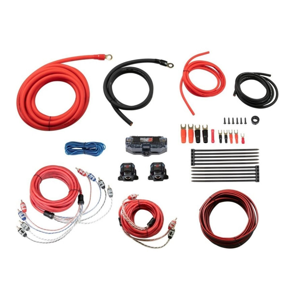 The image features an Amp Kits car audio wiring set, including multiple red and black cables, a fuse holder, blue RCA cables, connectors, zip ties, and terminals. These components are neatly arranged on a white background to showcase various sizes essential for installation.