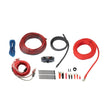 Amp Kits are displayed on a white surface, featuring various coiled cables in red, black, and blue. Also included are a circuit breaker, cable ties, connectors, and terminals. Each item is neatly arranged to showcase essential components for electrical installations.