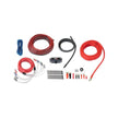 Amp Kits laid out on a white surface include red and black power cables, a black ground cable, a blue remote turn-on wire, RCA cables, cable ties, connectors in various types, and a fuse holder. All components are neatly arranged for easy viewing.