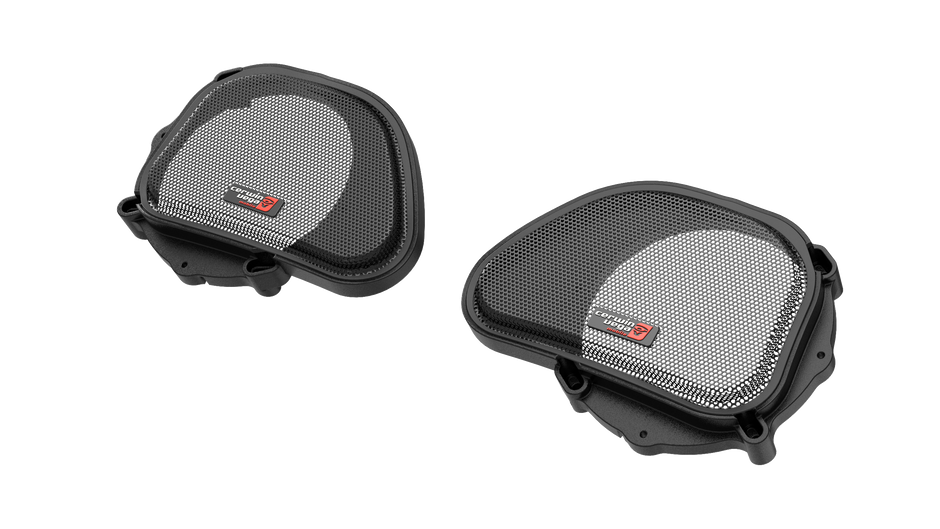 Two black Harley Davidson Grills with a mesh covering and a red stylized 