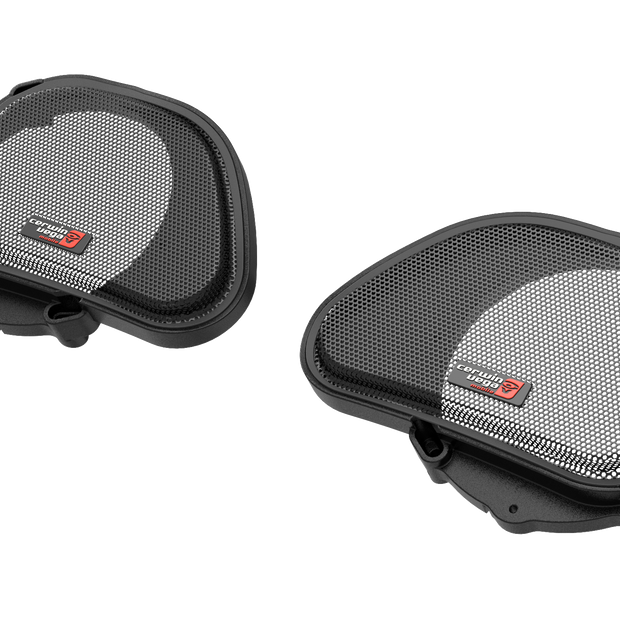 The 1998-2013 Harley Davidson® Road Glide fairing speaker grills, featuring black and gray mesh with Cerwin Vega logos at the bottom left, exude a sleek, modern touch. Their sturdy frame and fine mesh safeguard inner components against a white background.