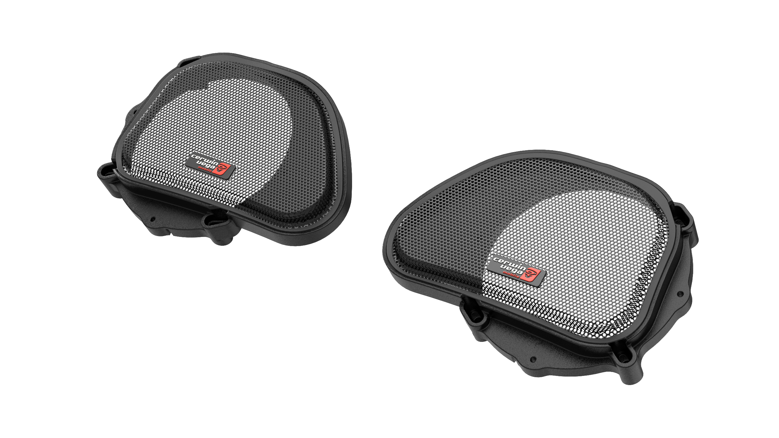Two black, oval-shaped Harley Davidson Grills Bluetooth speakers feature metal mesh grilles with a red and white logo. Angled towards each other, they have curved corners, black mounting brackets, and textured surfaces on a white background.