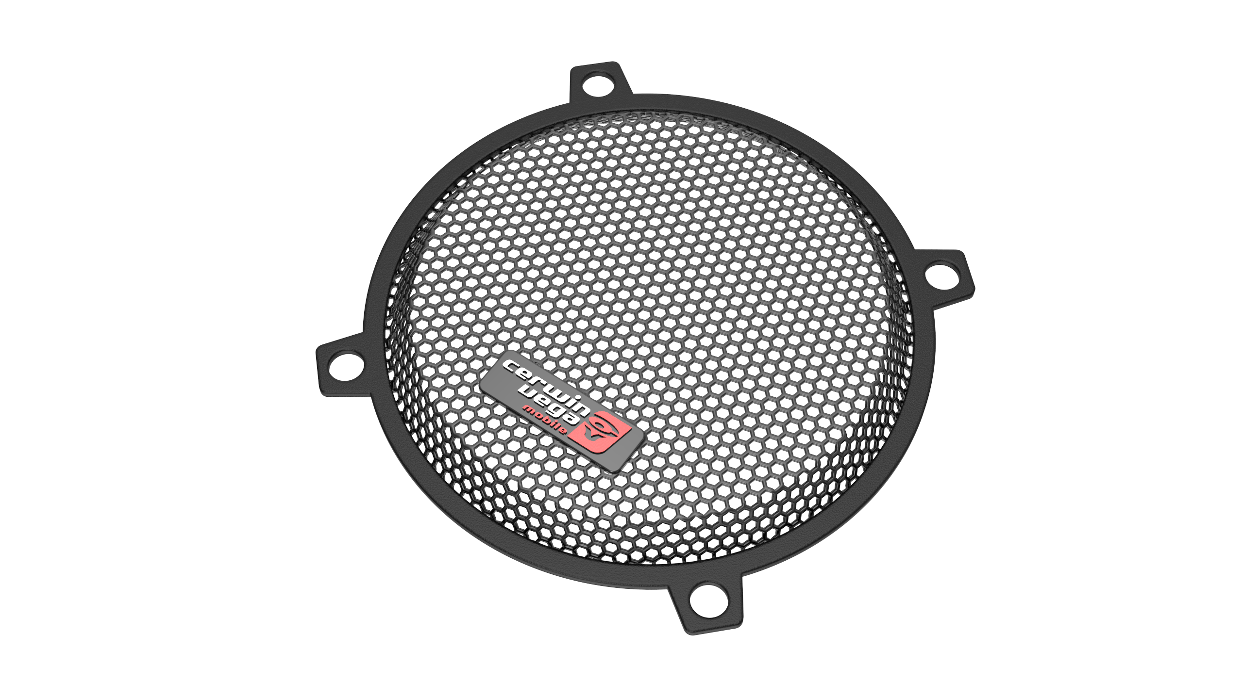 A circular black speaker grille with a fine mesh pattern features a 