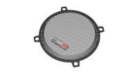 A circular black speaker grille with a fine mesh pattern features a 