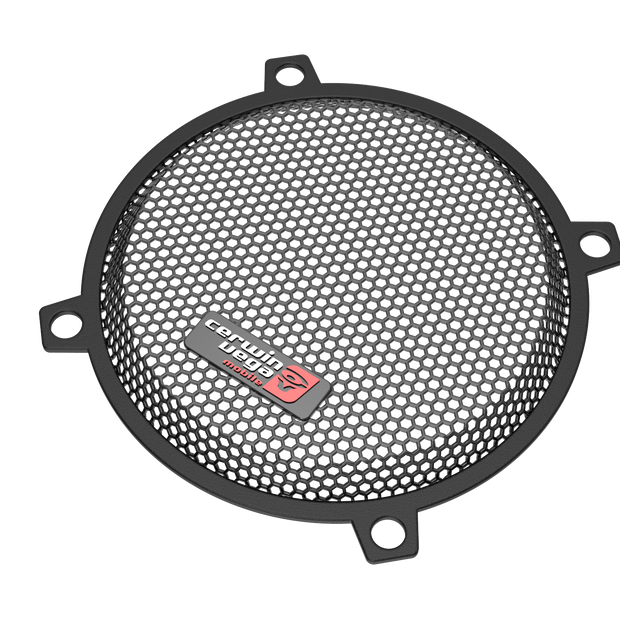 A circular black speaker grille with a fine mesh pattern features a "Crunch USA" logo on a small metal plate, ideal for 1998-2013 Harley Davidson® Street Glide models. It has three mounting tabs and is shown against a plain white background.