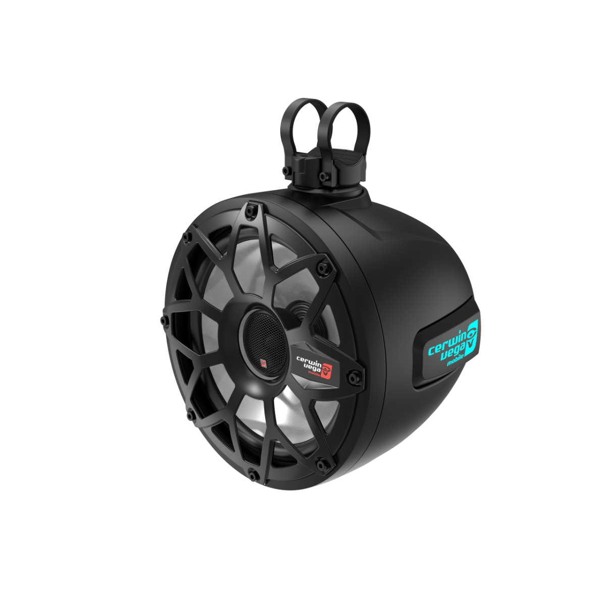 The black, cylindrical marine-grade SH10F4B speaker boasts a rugged exterior and visible silver grill with mounting hardware, featuring the 