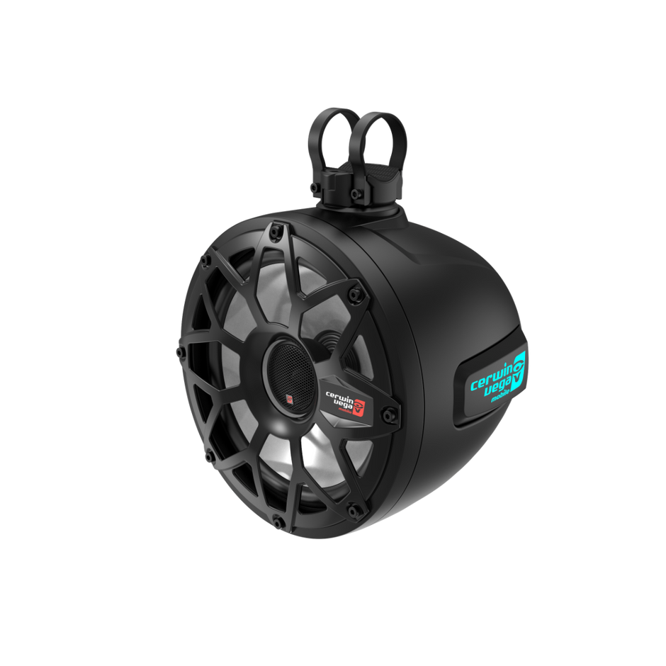 The black, cylindrical marine-grade SH10F4B speaker boasts a rugged exterior and visible silver grill with mounting hardware, featuring the 