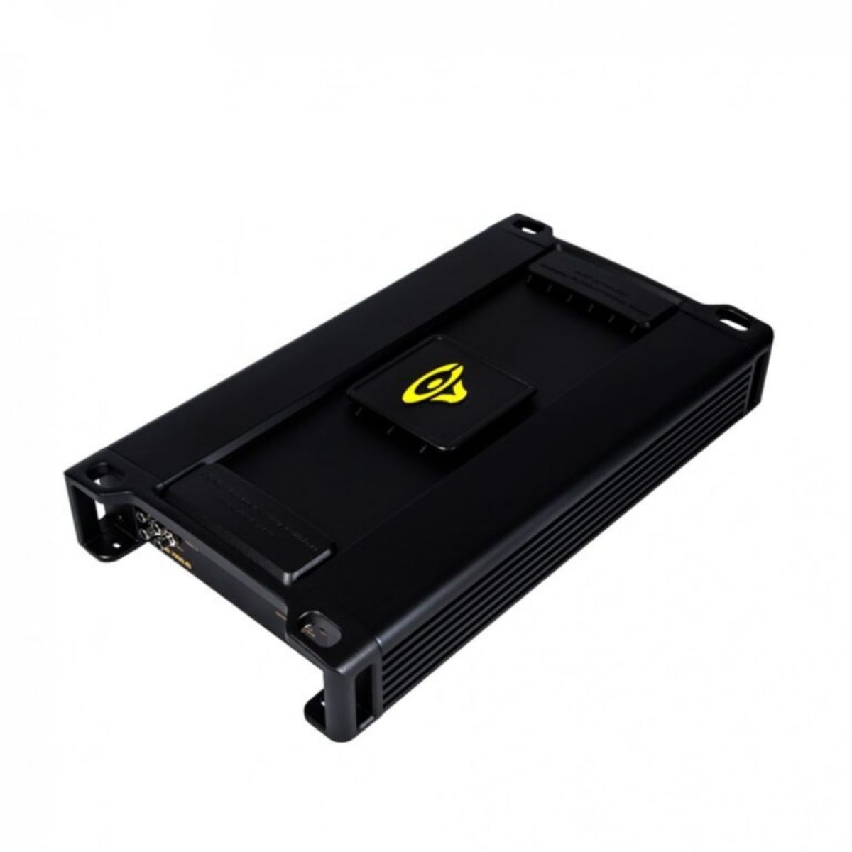 The Stroker Pro Amplifier is a black, rectangular car audio amplifier with a sleek design, featuring cooling fins on the sides and rounded corners. A yellow logo is centered on top, with input and output ports on one end. It rests elegantly on a white background.