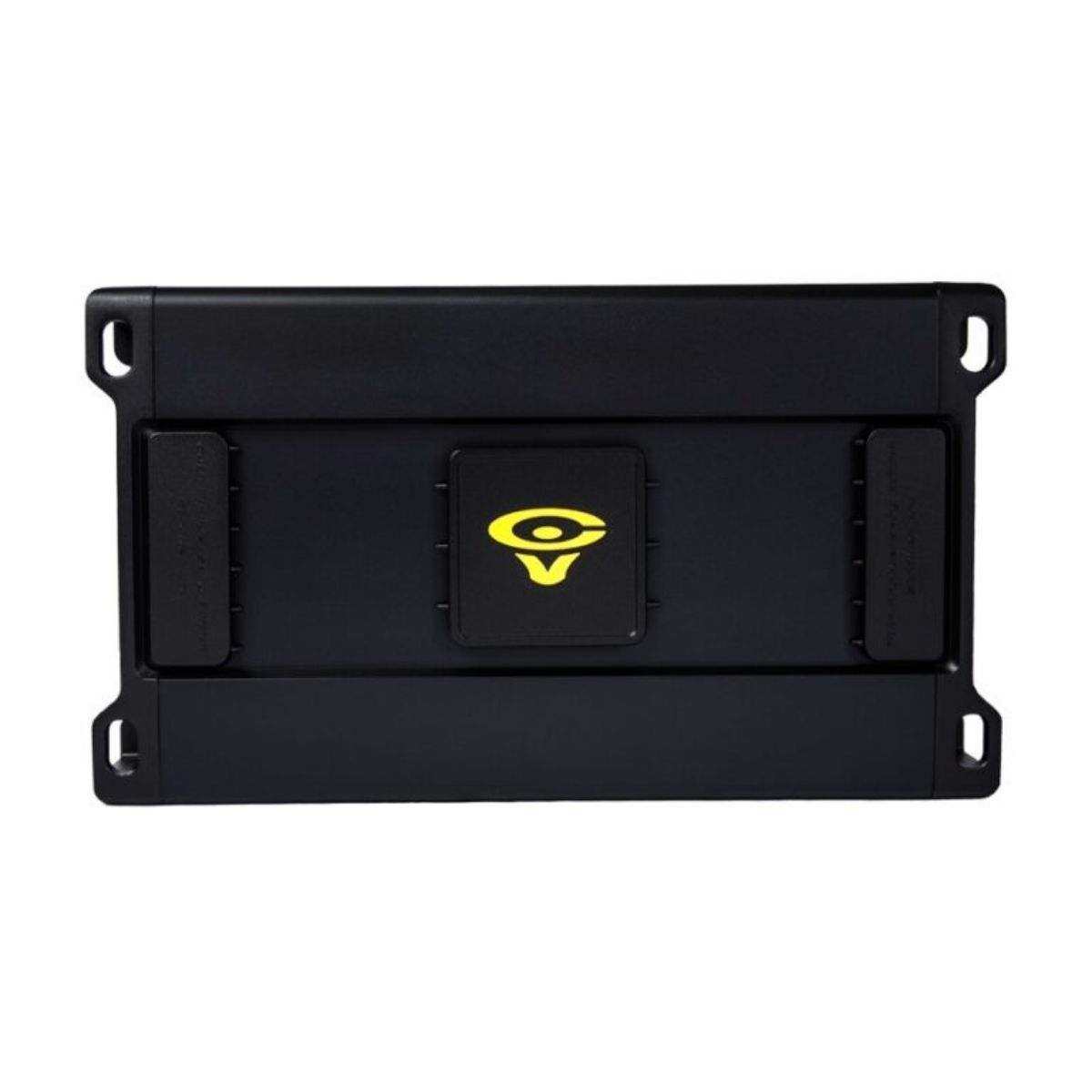 The image displays the sleek, modern Stroker Pro Amplifier, a rectangular black device with rounded edges and two side grips. A central insignia with a yellow eye-like symbol on a black background adds flair, while four corner holes offer easy mounting options.