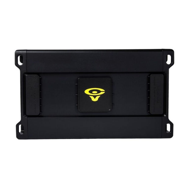 The image displays the sleek, modern Stroker Pro Amplifier, a rectangular black device with rounded edges and two side grips. A central insignia with a yellow eye-like symbol on a black background adds flair, while four corner holes offer easy mounting options.