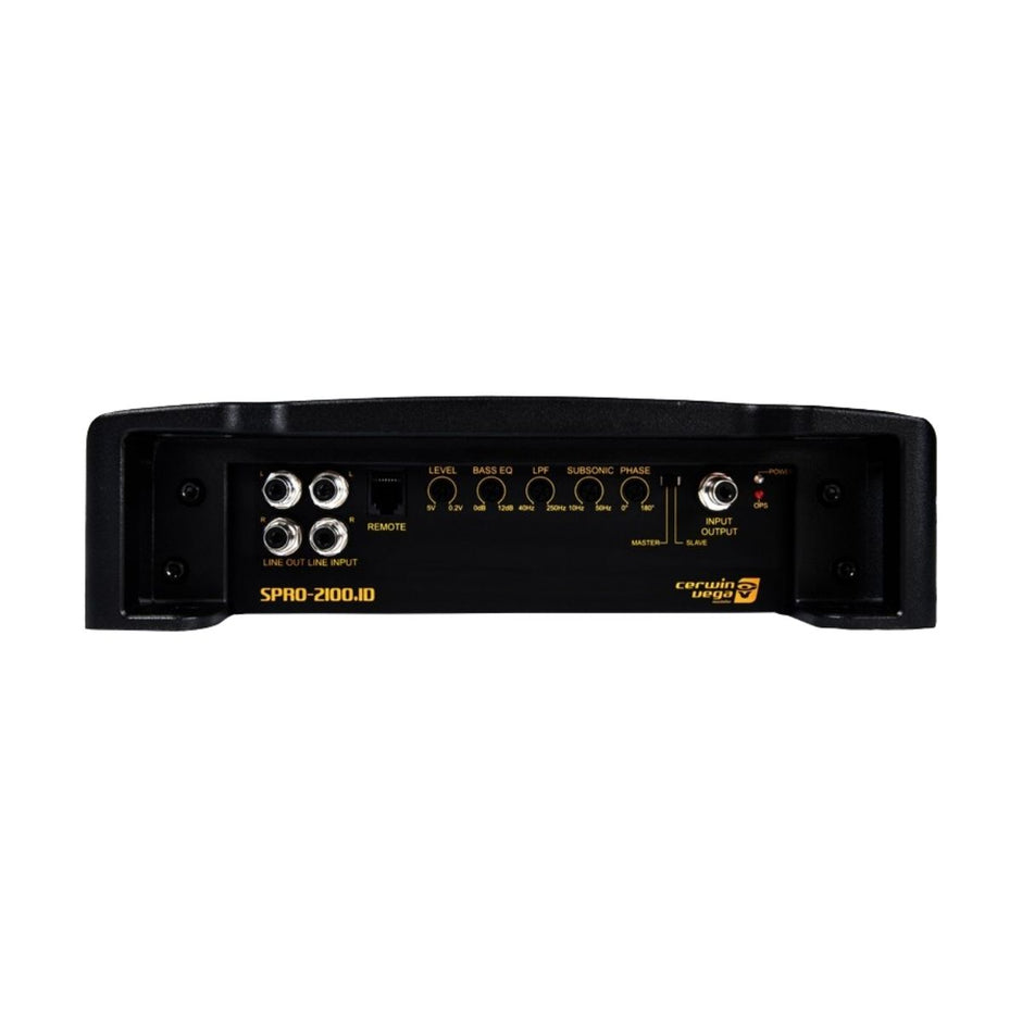 The image displays the back panel of the Stroker Pro Amplifier, model SPRO-2100.1D, featuring RCA connectors and control knobs for level, bass EQ, and phase adjustments. The device has a predominantly black design with yellow text and markings.