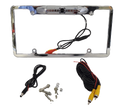 The Chrome HD License Plate Frame with Backup Camera (CLF1C) combines style with safety, featuring an integrated top camera, black and red wires, yellow connectors with screws, and multiple LED lights around the lens for better visibility.