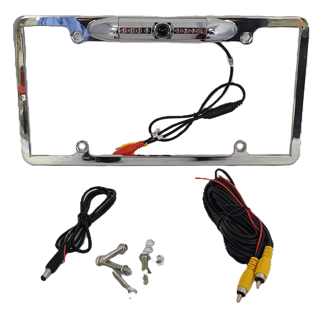 The Chrome HD License Plate Frame with Backup Camera (CLF1C) combines style with safety, featuring an integrated top camera, black and red wires, yellow connectors with screws, and multiple LED lights around the lens for better visibility.