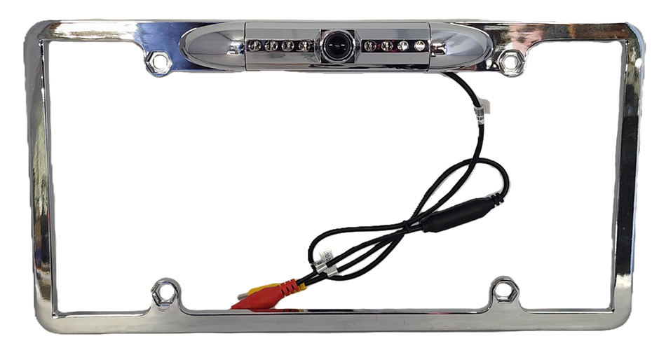 The Chrome HD License Plate Frame with Backup Camera - CLF1C features an embedded camera and is enhanced with six infrared LEDs. It includes a black cable with red and yellow connectors for video and power, and the chrome frame has four mounting holes.