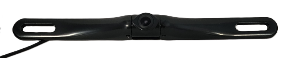 The Black HD Slim License Plate Backup Camera is elegantly mounted on a bracket with two elongated holes, featuring a sleek black design and central lens that connects via cable to enhance vehicle safety when backing up.