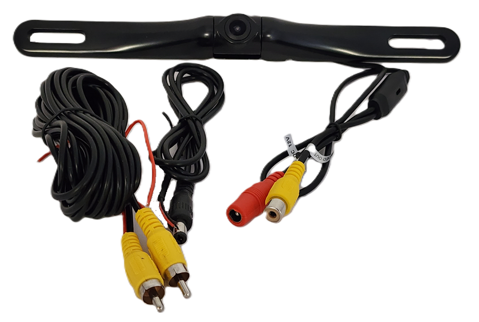 A Black HD Slim License Plate Backup Camera with a mount is shown with two cable sets featuring yellow, red, and black connectors for audio/video output. The vehicle safety camera, centered with long side brackets, lies next to the HD license plate frame.