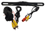 A Black HD Slim License Plate Backup Camera with a mount is shown with two cable sets featuring yellow, red, and black connectors for audio/video output. The vehicle safety camera, centered with long side brackets, lies next to the HD license plate frame.