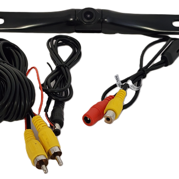 A Black HD Slim License Plate Backup Camera with a mount is shown with two cable sets featuring yellow, red, and black connectors for audio/video output. The vehicle safety camera, centered with long side brackets, lies next to the HD license plate frame.