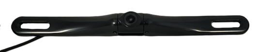 The Black HD Slim License Plate Backup Camera is elegantly mounted on a bracket with two elongated holes, featuring a sleek black design and central lens that connects via cable to enhance vehicle safety when backing up.