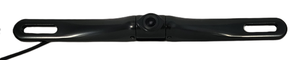 The Black HD Slim License Plate Backup Camera is elegantly mounted on a bracket with two elongated holes, featuring a sleek black design and central lens that connects via cable to enhance vehicle safety when backing up.