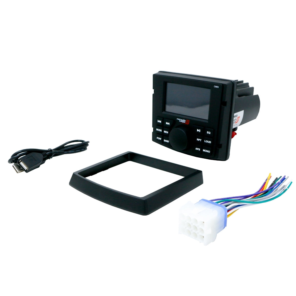 The RPM Series All-Weather Audio Player/Receiver - CMR3 is displayed. It features a black rectangular control unit with Bluetooth streaming, a screen and buttons, a wiring harness with colored wires, a USB cable, and a black mounting frame—all set on a white background.