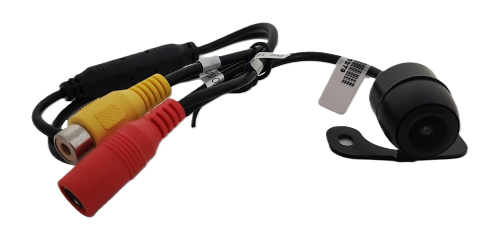 The CRT1 Rearview Backup Camera, designed for vehicle safety, features a black cylindrical camera with red and yellow plugs/sockets and attached cables. It mounts on a bracket with a screw hole and includes a barcode tag on one cable.