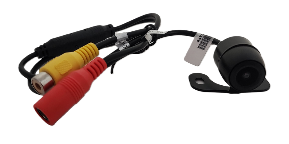 The CRT1 Rearview Backup Camera, designed for vehicle safety, features a black cylindrical camera with red and yellow plugs/sockets and attached cables. It mounts on a bracket with a screw hole and includes a barcode tag on one cable.