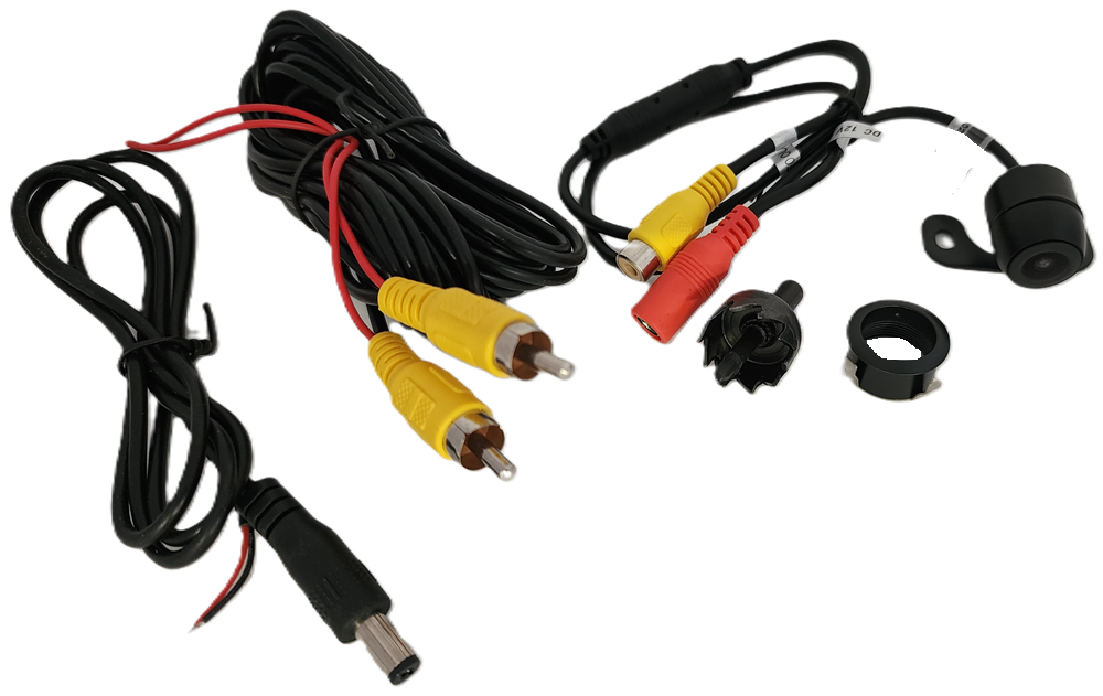 Boost your vehicle's safety with the Flush Mount and Bracket Mount Rear View Camera-CRT1. This advanced kit includes a compact black camera, HD license plate frame, colored RCA connectors, long wires, mounting hardware, and a sturdy black power cord with exposed wire end.
