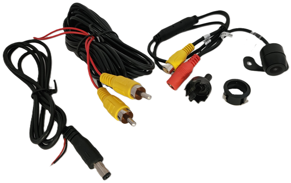 Boost your vehicle's safety with the Flush Mount and Bracket Mount Rear View Camera-CRT1. This advanced kit includes a compact black camera, HD license plate frame, colored RCA connectors, long wires, mounting hardware, and a sturdy black power cord with exposed wire end.