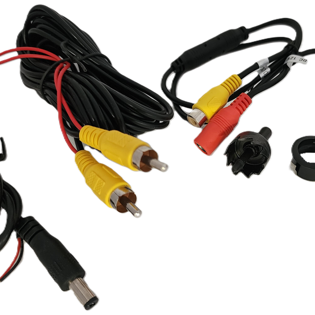 Boost your vehicle's safety with the Flush Mount and Bracket Mount Rear View Camera-CRT1. This advanced kit includes a compact black camera, HD license plate frame, colored RCA connectors, long wires, mounting hardware, and a sturdy black power cord with exposed wire end.