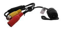 The CRT1 Rearview Backup Camera, designed for vehicle safety, features a black cylindrical camera with red and yellow plugs/sockets and attached cables. It mounts on a bracket with a screw hole and includes a barcode tag on one cable.
