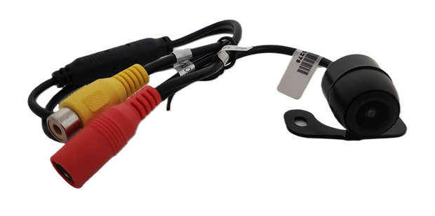 The CRT1 Rearview Backup Camera, designed for vehicle safety, features a black cylindrical camera with red and yellow plugs/sockets and attached cables. It mounts on a bracket with a screw hole and includes a barcode tag on one cable.