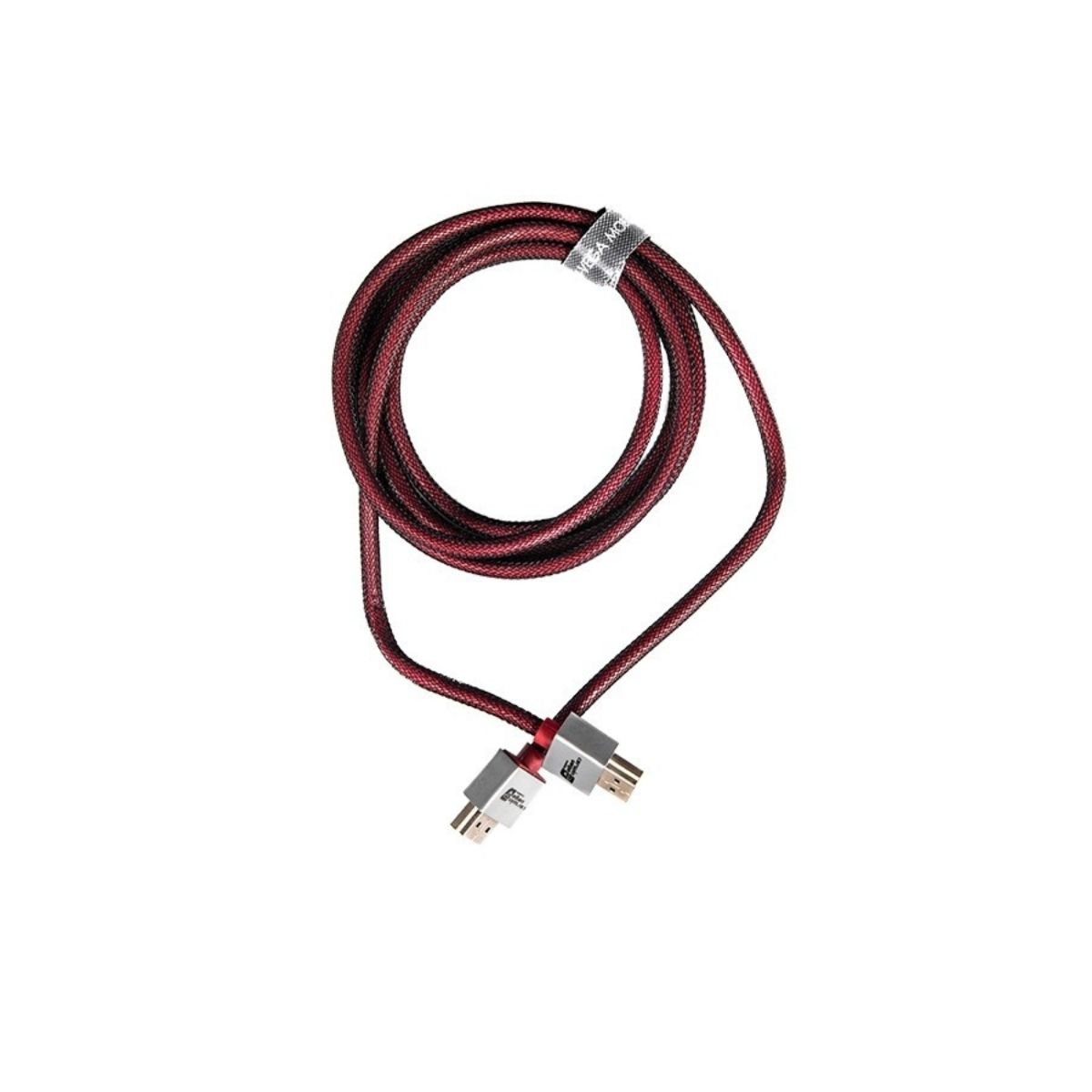 A coiled Audio & Video Cable with a red and black braided design, featuring silver connectors at each end, black accents, and small white logos. It's neatly held together by a transparent loop.
