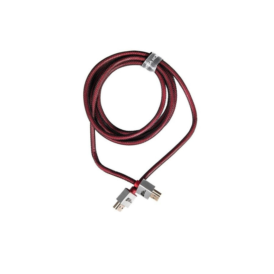 A coiled Audio & Video Cable with a red and black braided design, featuring silver connectors at each end, black accents, and small white logos. It's neatly held together by a transparent loop.