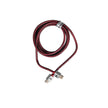 A coiled Audio & Video Cable with a red and black braided design, featuring silver connectors at each end, black accents, and small white logos. It's neatly held together by a transparent loop.