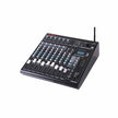 The 10 CHANNEL MIXER W/BT & SKAA-CVM10, in black, features a multi-channel setup with rows of knobs, sliders, buttons, input jacks, a digital display, and an antenna on the right. It offers Bluetooth for versatility and angles slightly to showcase its complex control surface.