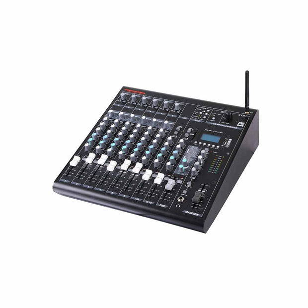 The 10 CHANNEL MIXER W/BT & SKAA-CVM10, in black, features a multi-channel setup with rows of knobs, sliders, buttons, input jacks, a digital display, and an antenna on the right. It offers Bluetooth for versatility and angles slightly to showcase its complex control surface.