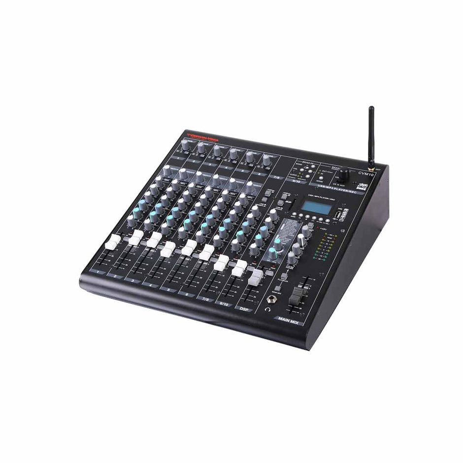 The 10 CHANNEL MIXER W/BT & SKAA-CVM10, in black, features a multi-channel setup with rows of knobs, sliders, buttons, input jacks, a digital display, and an antenna on the right. It offers Bluetooth for versatility and angles slightly to showcase its complex control surface.