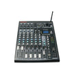 The 8 CHANNEL MIXER W/BT & SKAA-CVM8 features a sleek black design with eight channels for precise sound tuning using blue, black, and gray knobs. It includes a display screen, Bluetooth connectivity, SKAA Pro Technology, and an antenna, labeled 