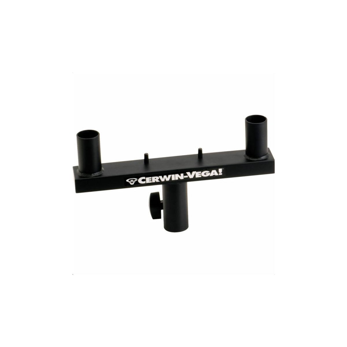 The CVANT-2A is a black speaker mount bar, featuring three cylindrical brackets on top and one at the bottom, with 