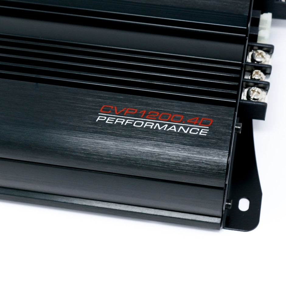 A close-up of the sleek black CVP SERIES 4-Channel Class-AB Amplifier - CVP1200.4D showcases grooved detailing. 